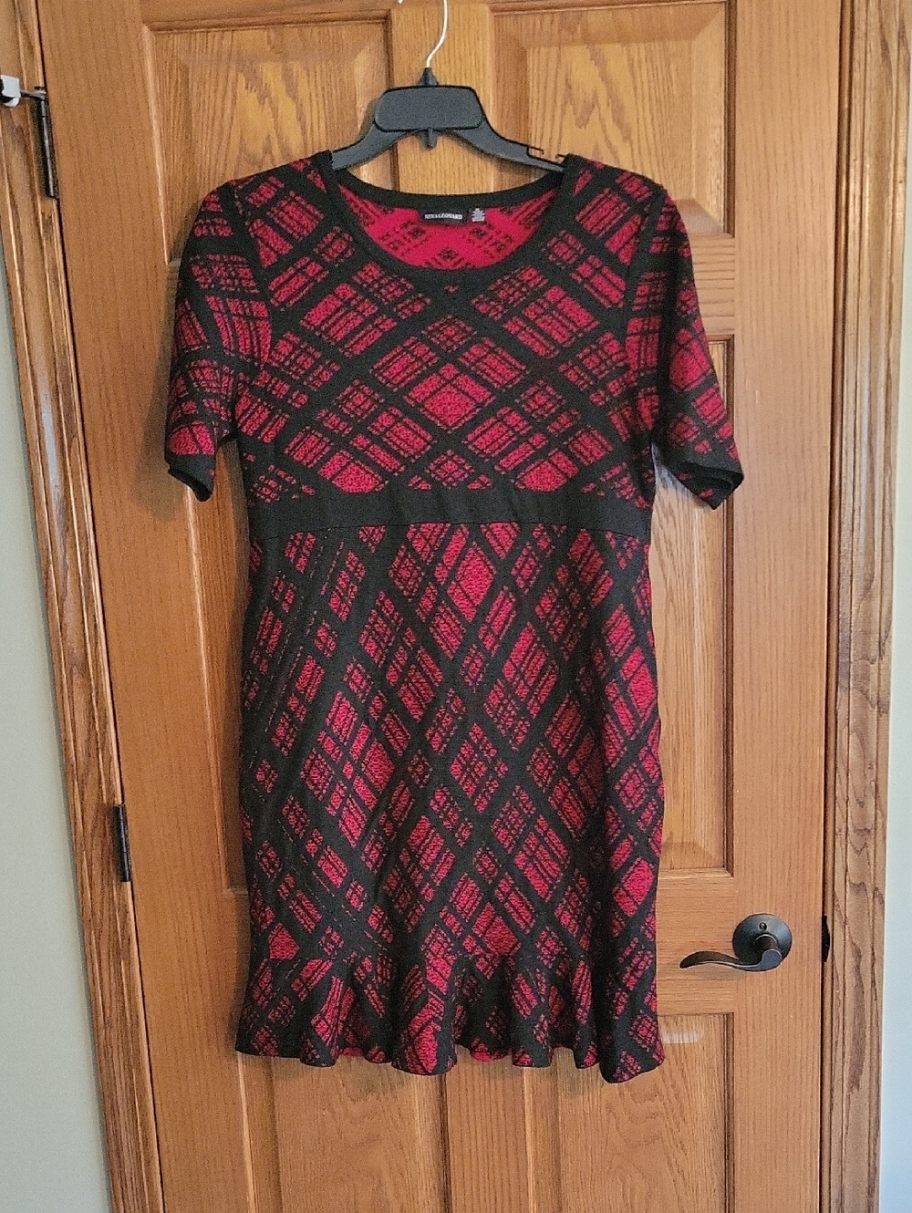 Nina Leonard Red and Black Patterned Short Sleeve Fit-and-Flare Dress